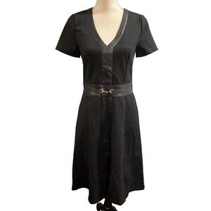 Ellen Tracy Dress Black Jersey Knit A Line Faux Leather Trim Size S Chic Edgy